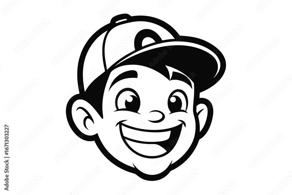Obraz premium Black and White Cartoon Boy Face Illustration Wearing a Baseball Cap Smiling