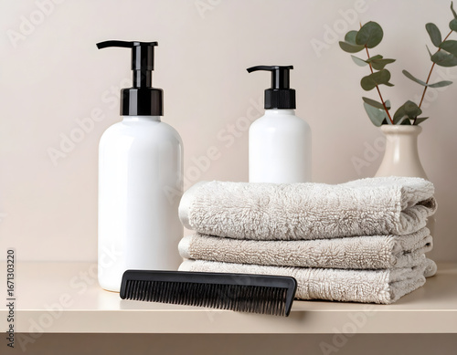 White Pump Bottle and two white Towels on Beige Shelf with black comb and Minimalist Decoration