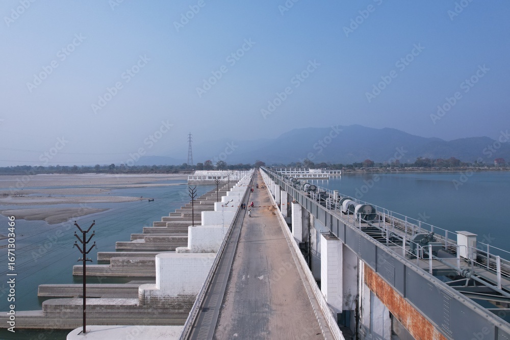 Obraz premium Gandak Barrage, India- Nepal Border, Valmikinagar, West Champaran, Bihar, India