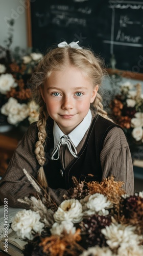 Photo of a girl in a school uniform sitting behind a desk against the background of flowers and a school green board. September 1 is Knowledge Day