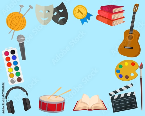 School art activity or hobby elements background Music painting theatre knitting reading