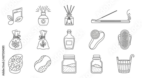 Collection of Spa and Wellness Line Icons: Aromatherapy, Bath, and Relaxation