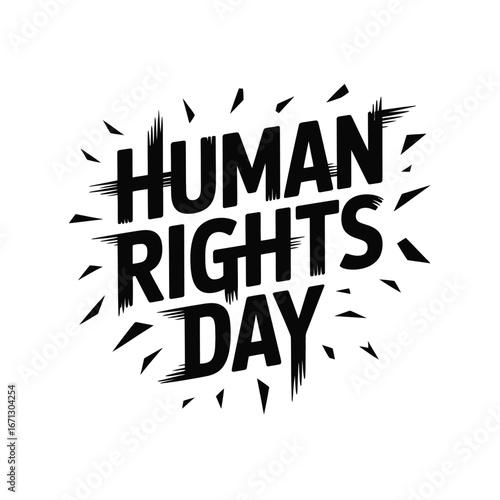 Human Rights Day text with dynamic black brush strokes and bursts on white lettering