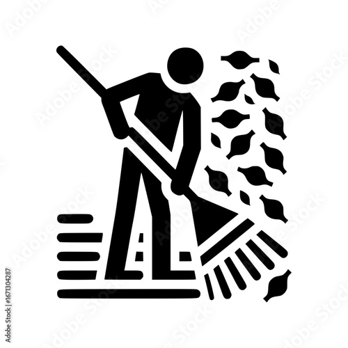 Man raking leaves black vector icon with transparent background 