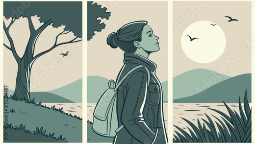 Illustration of woman enjoying nature landscape with trees mountains and birds in outdoors scene art