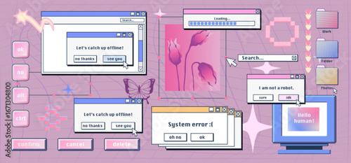 Retro internet desktop with y2k popup windows, error messages and nostalgic computer interface for vaporwave aesthetics. Pink folders, loading bar, butterfly cursor and vintage dialog boxes.