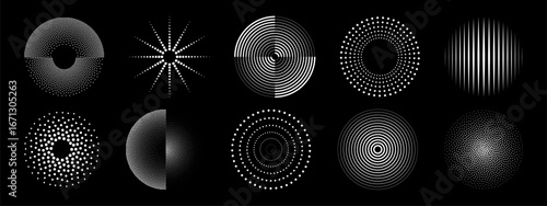 Ripple dot pattern set with white circular halftones, concentric rings and radial bursts on black. Geometric spirals, starburst points and wave lines for minimalist design or optical illusion effects.