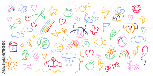 Kid school doodles with colorful rainbow and flowers, hearts and stars, clouds and animals for playful designs. Childlike drawings with house and car for classroom decorations or educational materials
