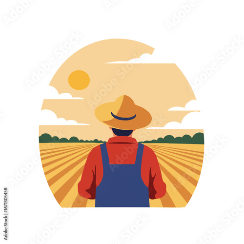 A thoughtful farmer observes his expansive fields, contemplating the future harvest in a minimalist 2D flat vector illustration with clean lines and solid colors, isolated on white.