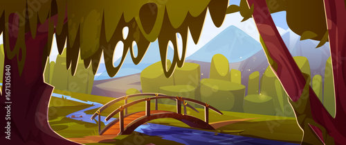 Forest bridge scenic view with wooden walkway over blue stream, green jungle trees and bushes on banks. Mountain landscape river footbridge for fantasy game environments or animated backgrounds.