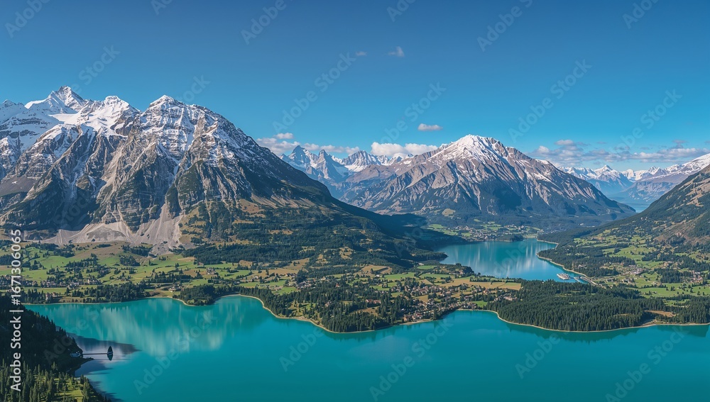 Obraz premium A breathtaking alpine vista showcasing a turquoise lake nestled amongst snow-capped peaks and lush green valleys.