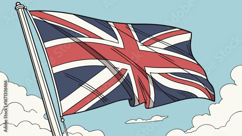 Union jack flag waving in the sky vector illustration of british flag with clouds and blue background image