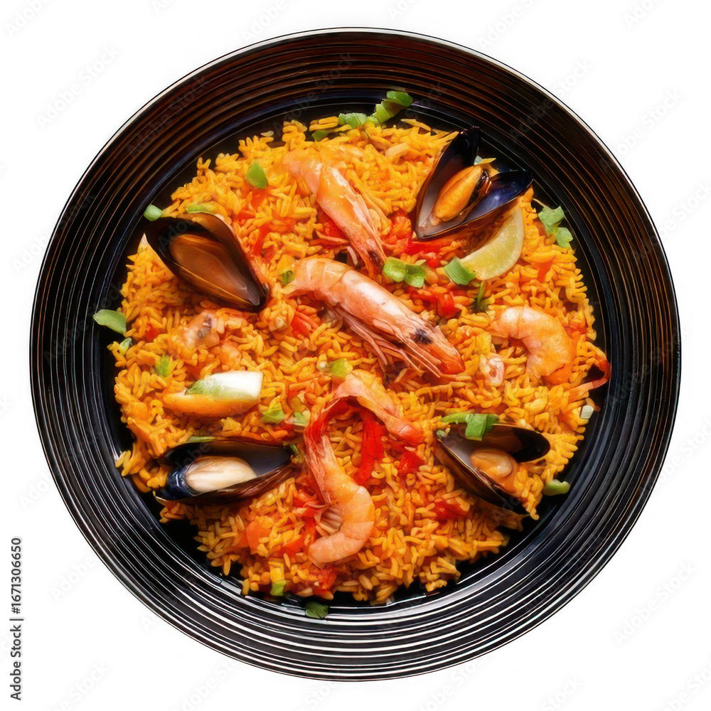 Fototapeta premium Paella seafood rice, isolated on white and transparent background