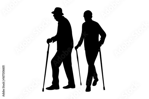 Elderly walking with cane silhouette vector