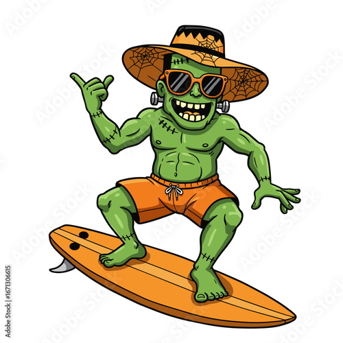Cool zombie surfer with shades, straw hat, and orange trunks riding the waves.
