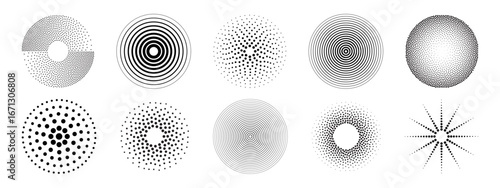 Ripple dot pattern circles with halftone gradients, concentric rings and radial designs for abstract graphics. Spiral formations, pointillism textures and geometric bursts for minimalist digital art.
