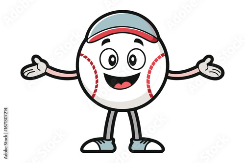 Cartoon Baseball Character with Cap, Smiling, Standing with Open Arms, Isolated on White Background
