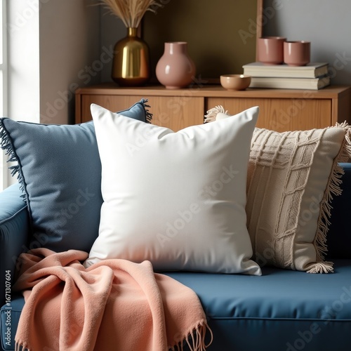 Pillow mockup view of cushions on a blue sofa with a peach colored throw and vases in the background on a wooden cabinet