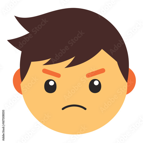 Cartoon Boy with Angry Expression, Brown Hair, Orange Ears on White Background