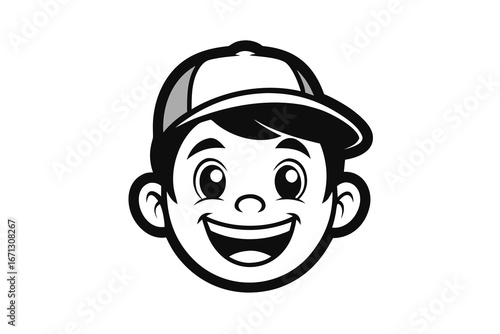 Cartoon Boy with Cap Black and White Cheerful Illustration Mascot Style