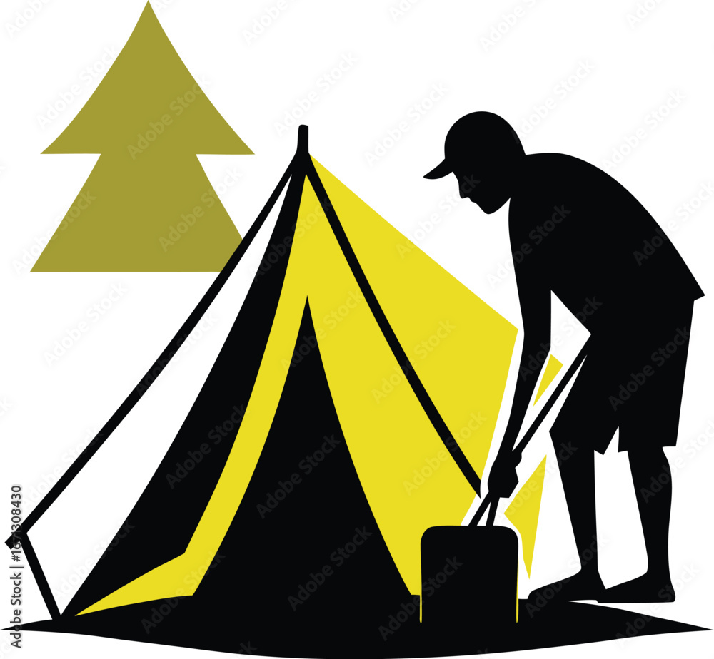Fototapeta premium Silhouette of Person Setting Up a Tent