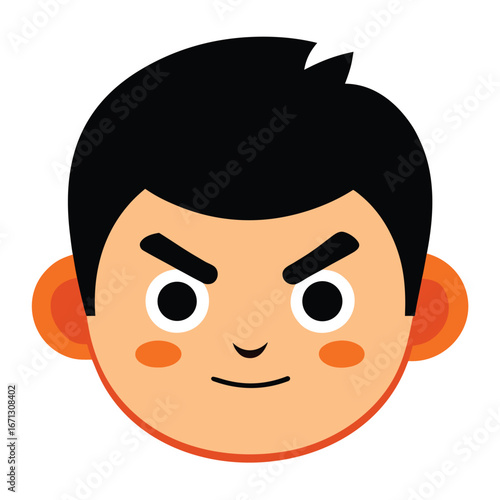Cartoon Boy's Face with Angry Eyebrows, Black Hair, and PeachColored Skin