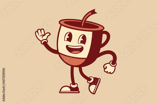 Cartoon Coffee Cup Character Mascot Waving and Smiling Retro Style Illustration