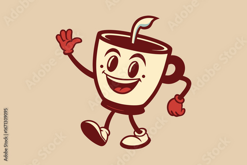 Cartoon Coffee Cup Character Walking with Smile and Wave on Neutral Background