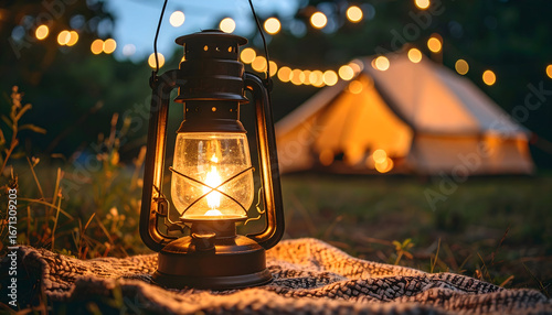 Warm Lantern Light Illuminates Cozy Camping Scene at Night