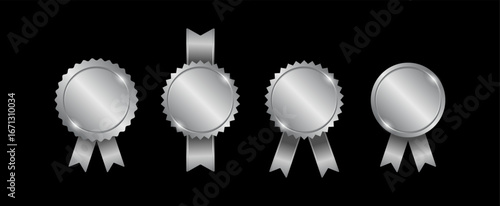 Silver medals with ribbons set vector illustration. 3d realistic award seals isolated on black background. Element for labels, certificates, badges, winners.