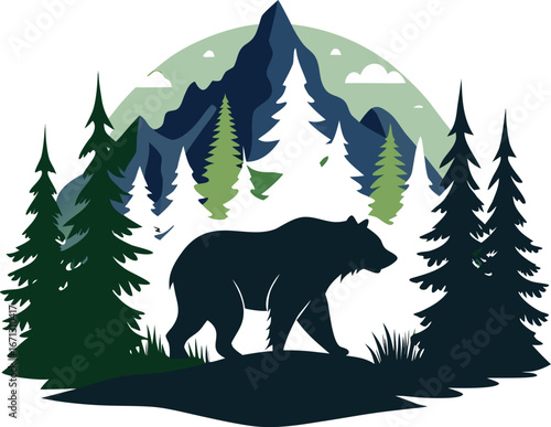 Silhouette of Wild Bear in Mountain Forest