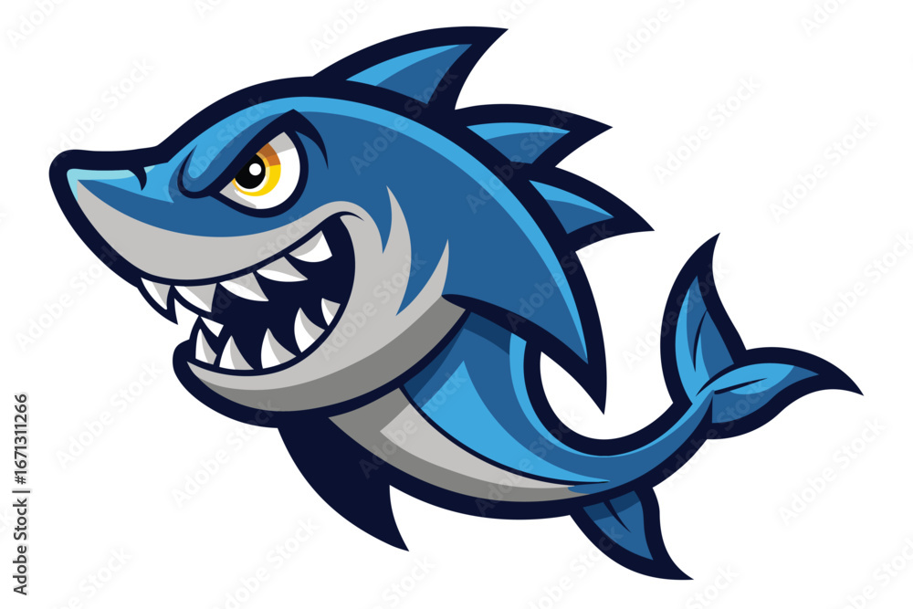 Fototapeta premium Cartoon of a Blue Shark with Yellow Eye and Sharp Teeth Isolated on White