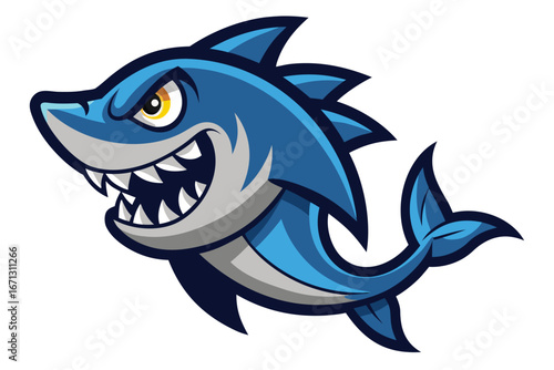Cartoon of a Blue Shark with Yellow Eye and Sharp Teeth Isolated on White