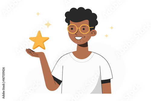 Cartoon Person Holding Yellow Star, Wearing Glasses and White Shirt Against White Background