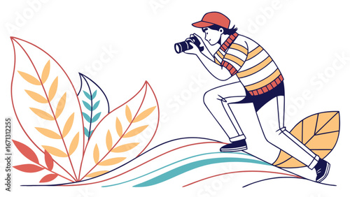 Stock photography illustration of photographer taking photos with camera in nature landscape scenery view