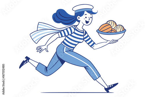 Cartoon Sailor Girl Running with Bowl of Buns or Rolls Illustration Style