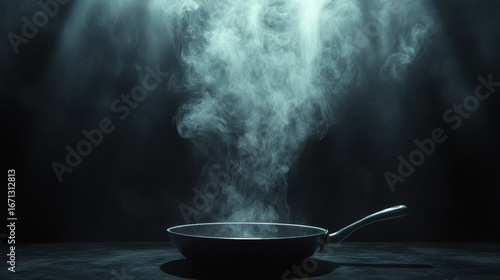 Culinary mystery unveiling steam rising from a solitary frying pan in darkness illuminated by