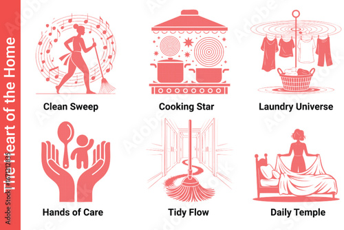 Six illustrations representing different aspects of home life and domestic activities