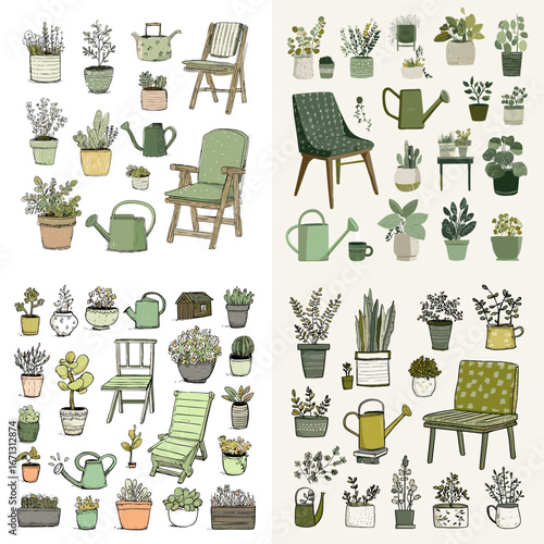 Collection of indoor plants in pots with garden chairs, watering cans, and gardening elements, hand-drawn in pastel colors for lifestyle and interior design projects.