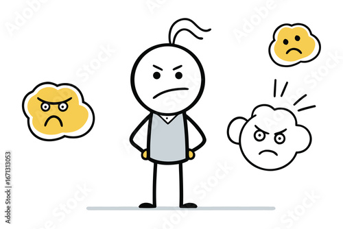 Cartoon Stick Figure Surrounded by Angry Cloud Faces with Furious Expressions