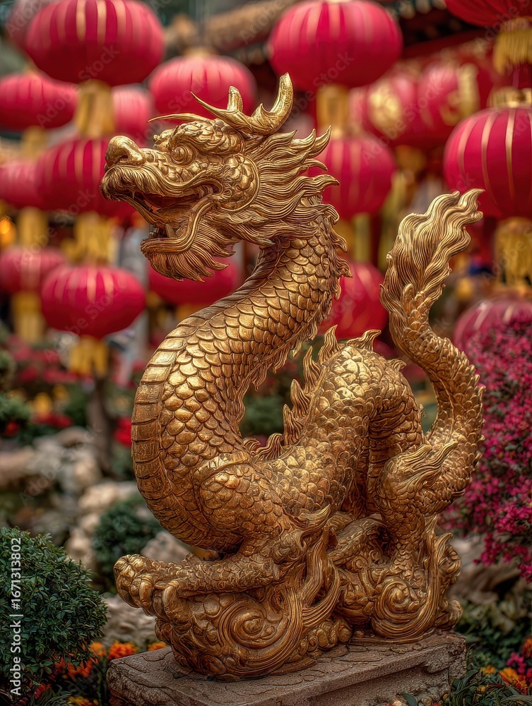 Fototapeta premium ornate golden dragon statue amidst vibrant red lanterns festive setting chinese new year gold