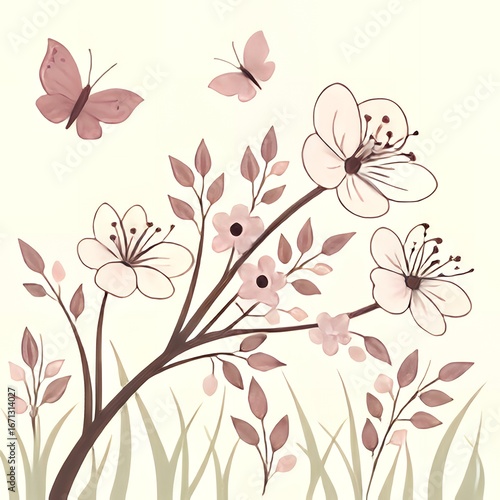 Delicate pink cherry blossoms and butterflies in a gentle spring garden