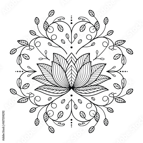 Whimsical Lotus Flower with Heart Leaves – Symbolic Line Art for Mindful Coloring Page, Coloring Pages for Kids & Adults