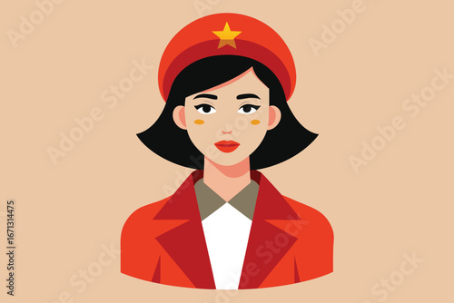 Cartoon Woman Wearing Red Beret with Star, Red Suit and Short Hair