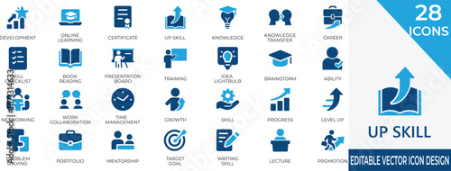 A modern set of up skill and career development filled icons for training, learning, and professional growth. Ideal for education, business, and personal improvement projects.