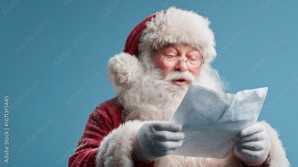 Obraz premium santa claus holding a wish list and reading it no logos no brands ar 169