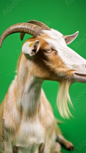 Expressive Brown and White Goat Portrait on Green Screen for Dynamic Video Compositing