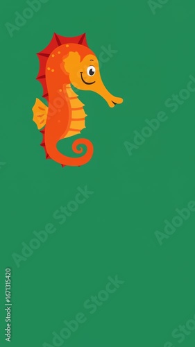 Animated Orange Seahorse on Green Background: Cute Marine Life Illustration