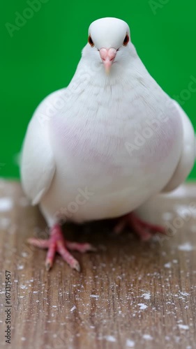 White Pigeon's Intense Gaze: Majestic Bird Stands Poised on Wood, Green Screen Ready