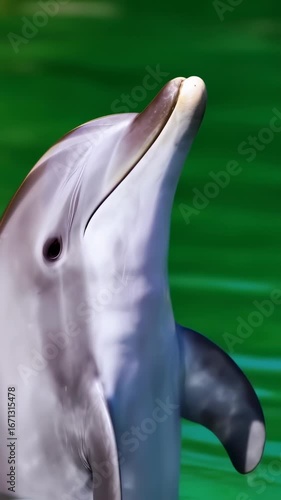 Dynamic Dolphin Leaping from Vibrant Green Water, Capturing Graceful Aquatic Movement and Striking Visuals